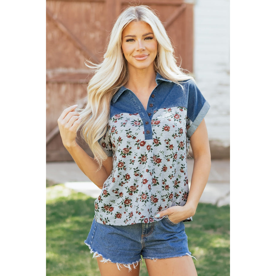 Gray Retro Floral Print Denim Patchwork Buttoned Polo Collar Top Tops/Blouses & Shirts