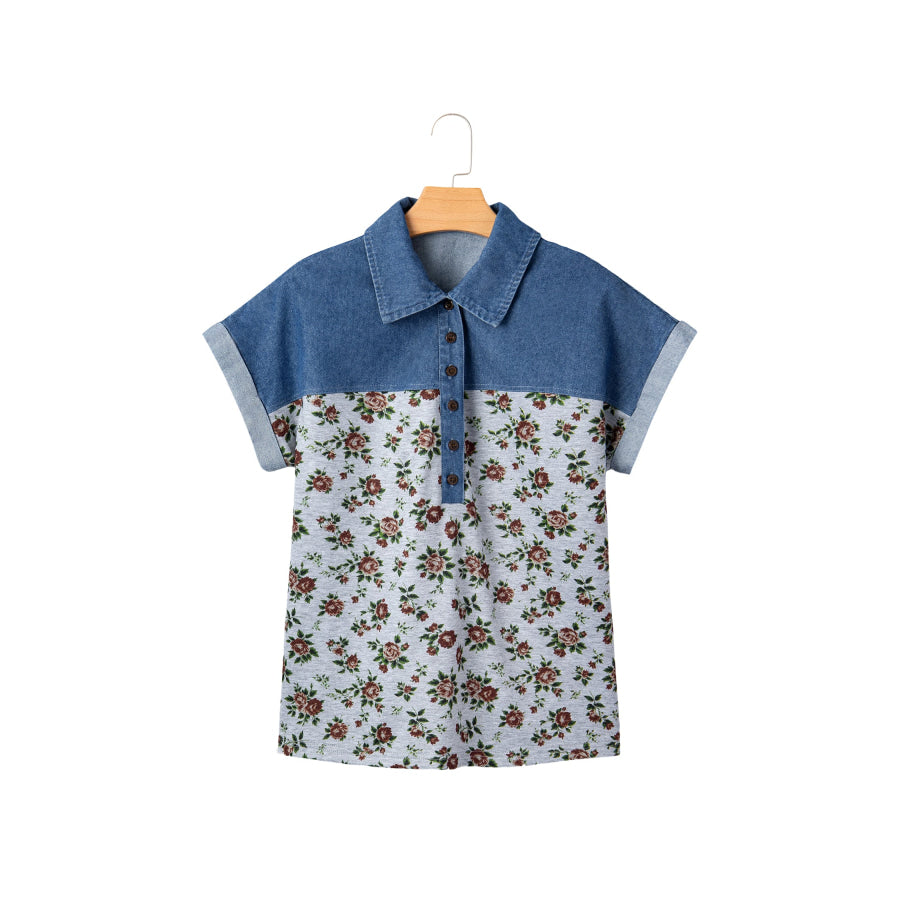 Gray Retro Floral Print Denim Patchwork Buttoned Polo Collar Top Tops/Blouses & Shirts
