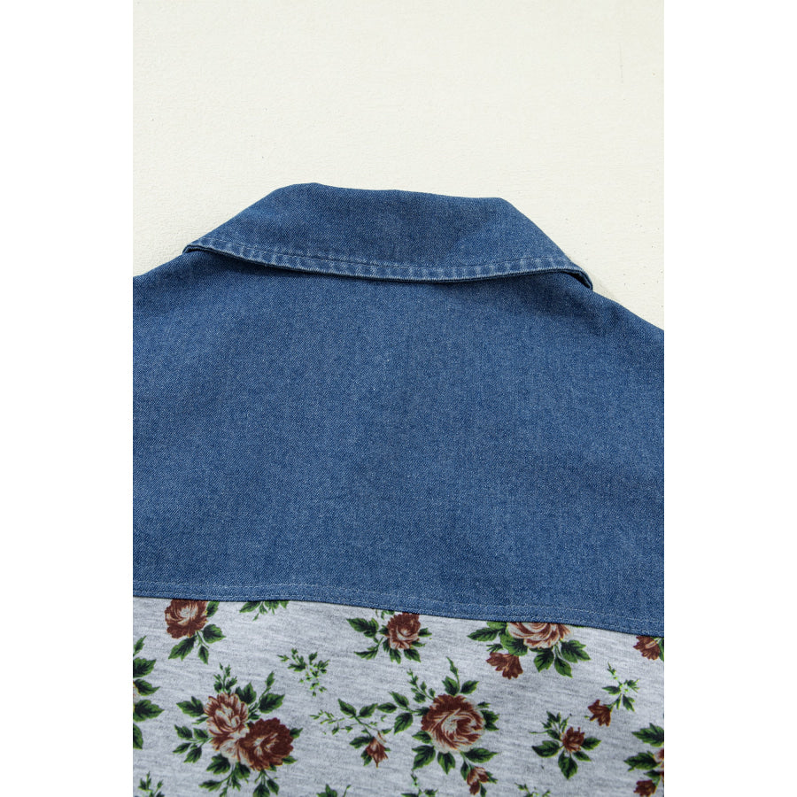 Gray Retro Floral Print Denim Patchwork Buttoned Polo Collar Top Tops/Blouses & Shirts