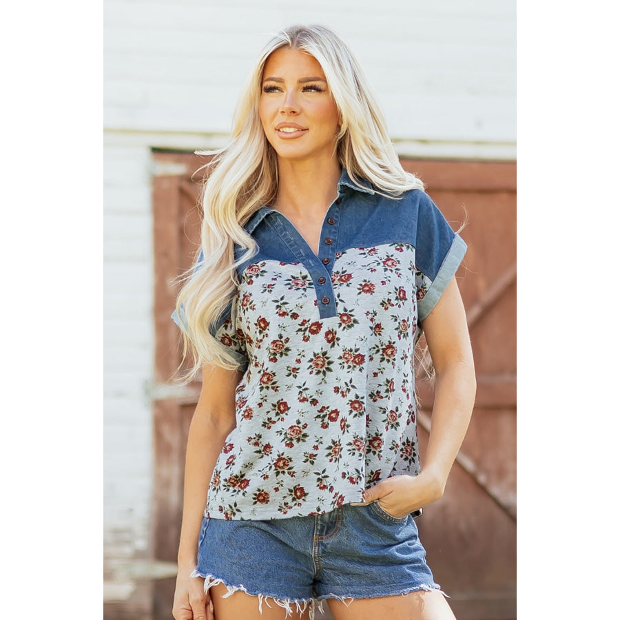 Gray Retro Floral Print Denim Patchwork Buttoned Polo Collar Top Tops/Blouses & Shirts