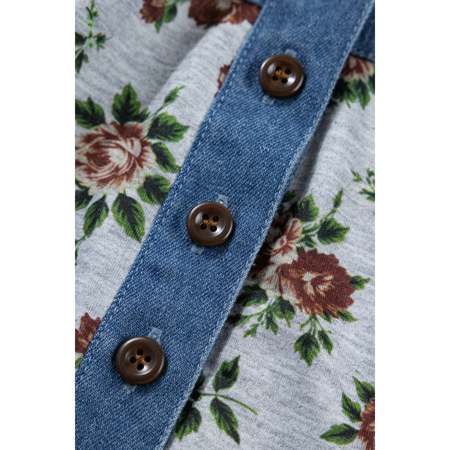 Gray Retro Floral Print Denim Patchwork Buttoned Polo Collar Top Tops/Blouses & Shirts