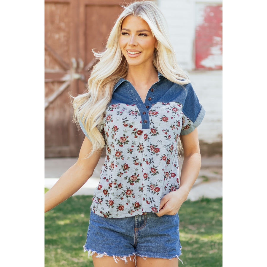 Gray Retro Floral Print Denim Patchwork Buttoned Polo Collar Top Tops/Blouses & Shirts
