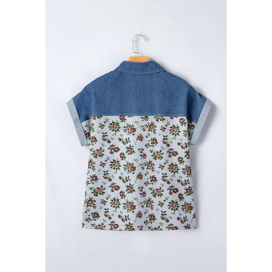 Gray Retro Floral Print Denim Patchwork Buttoned Polo Collar Top Tops/Blouses & Shirts