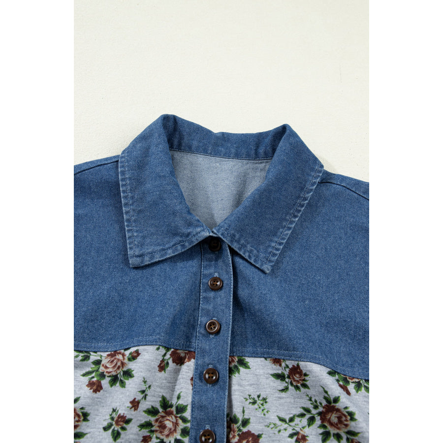 Gray Retro Floral Print Denim Patchwork Buttoned Polo Collar Top Tops/Blouses & Shirts