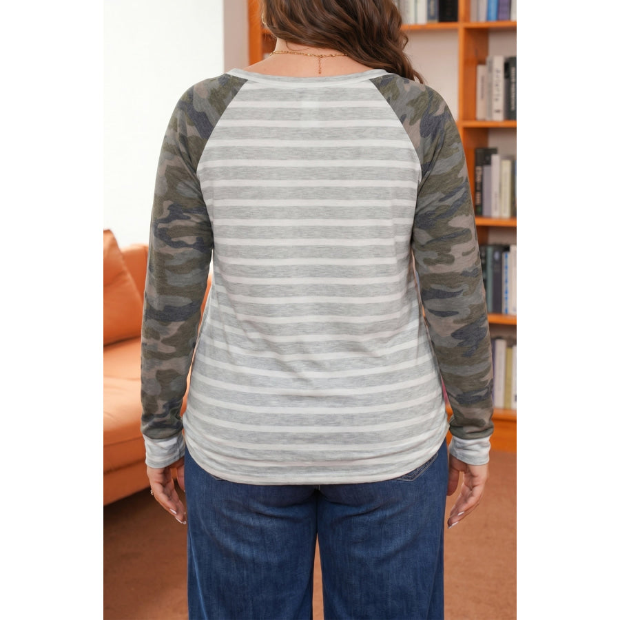 Gray Stripe Camo Sleeve Striped Colorblock Round Neck Long Sleeve Plus Size Blouse Gray Stripe / 1X Plus Size/Plus Size Tops/Plus Size Long