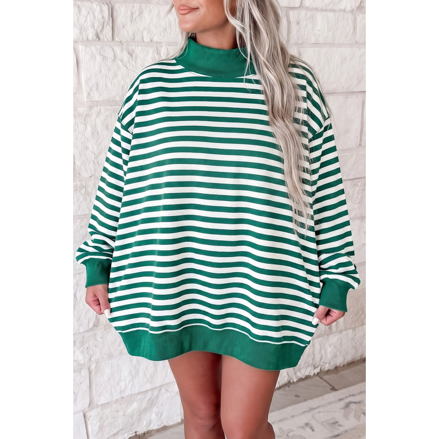 Gray Stripe Cozy Mock Neck Oversized Tunic Sweatshirt Green / S / 95% Cotton + 5% Elastane Tops/Sweatshirts & Hoodies