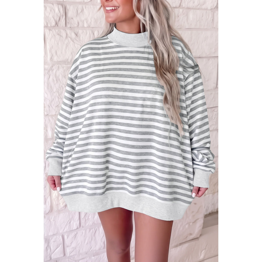 Gray Stripe Cozy Mock Neck Oversized Tunic Sweatshirt / S / 95% Cotton + 5% Elastane Tops/Sweatshirts & Hoodies