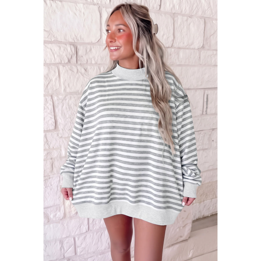 Gray Stripe Cozy Mock Neck Oversized Tunic Sweatshirt / S / 95% Cotton + 5% Elastane Tops/Sweatshirts & Hoodies