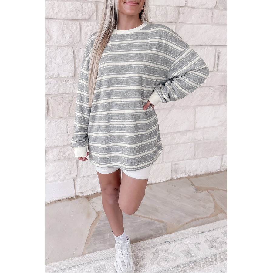 Gray Stripe Long Sleeve Round Neck Tunic Top Gray Stripe / S Tops/Long Sleeve Tops