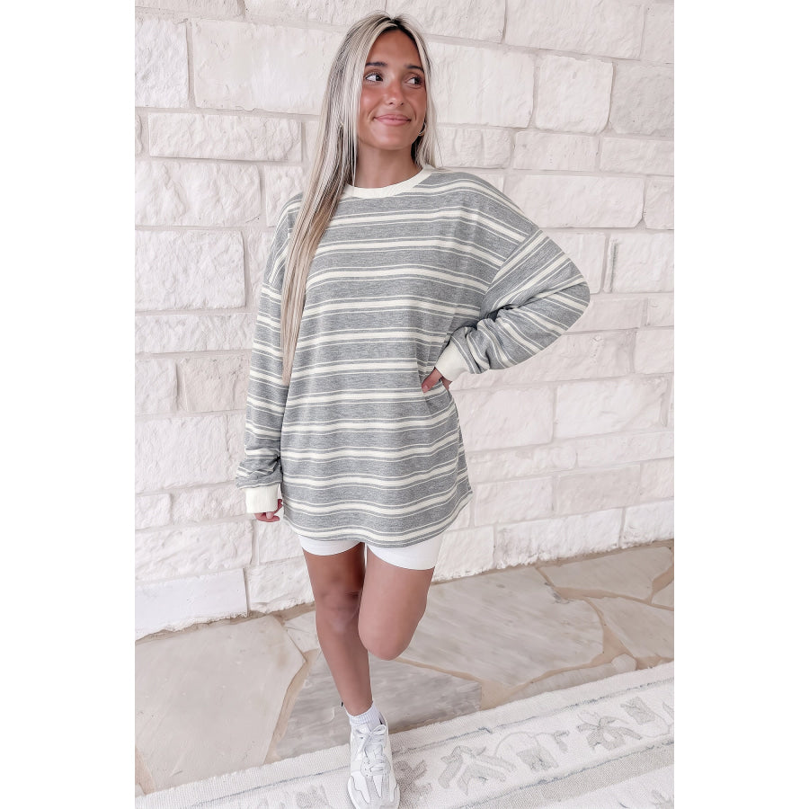 Gray Stripe Long Sleeve Round Neck Tunic Top Tops/Long Sleeve Tops