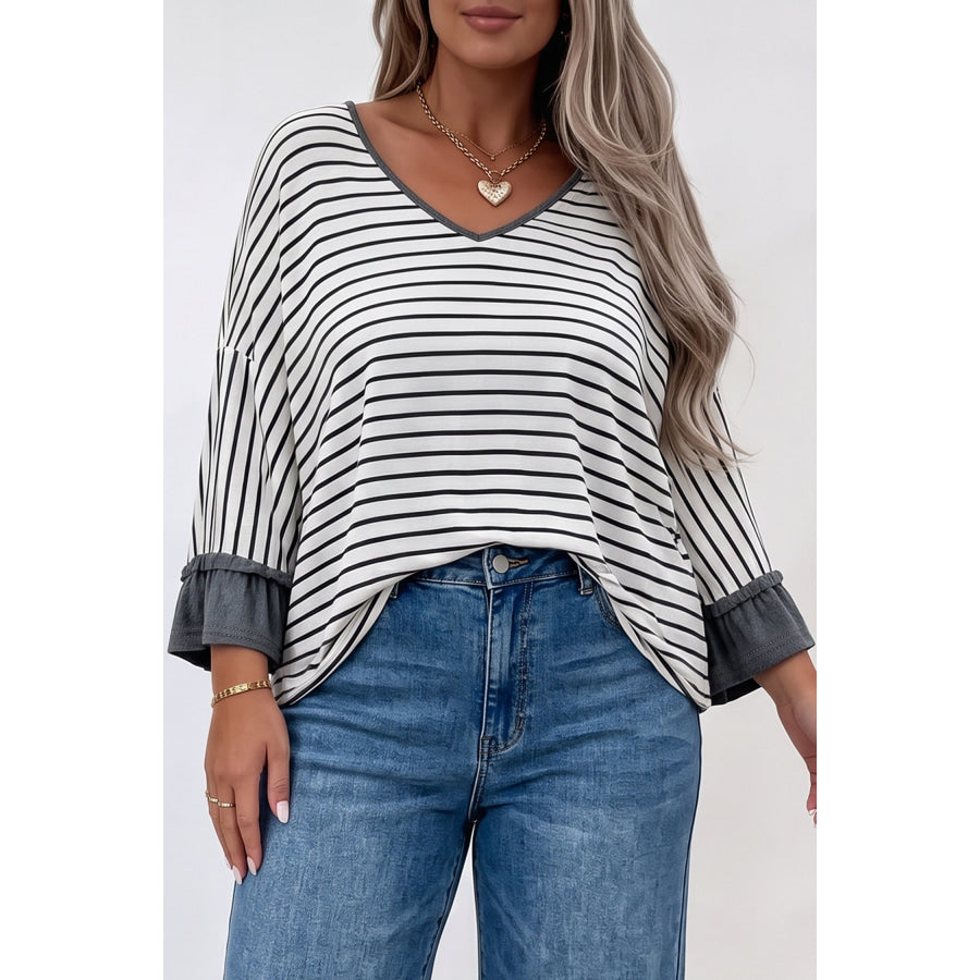 Gray Stripe Ruffled Bracelet Sleeve V Neck Plus Size Top / 1X Size/Plus Tops/Plus Long Tops
