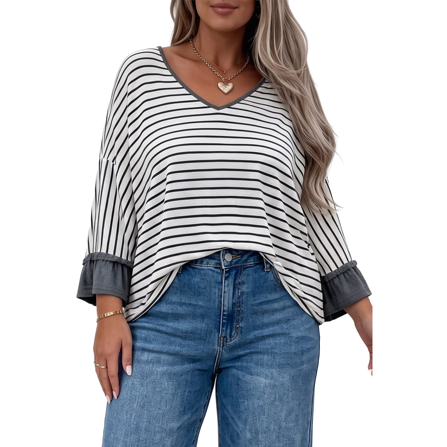 Gray Stripe Ruffled Bracelet Sleeve V Neck Plus Size Top Size/Plus Tops/Plus Long Tops
