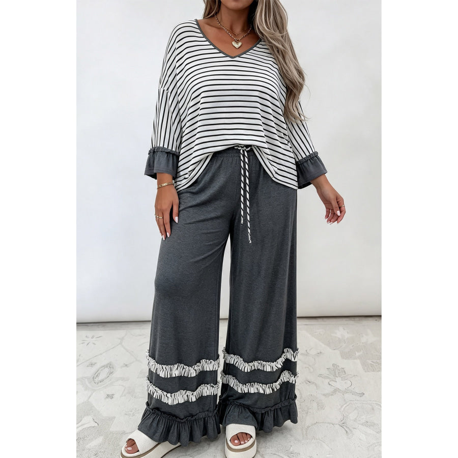 Gray Stripe Ruffled Bracelet Sleeve V Neck Plus Size Top Size/Plus Tops/Plus Long Tops