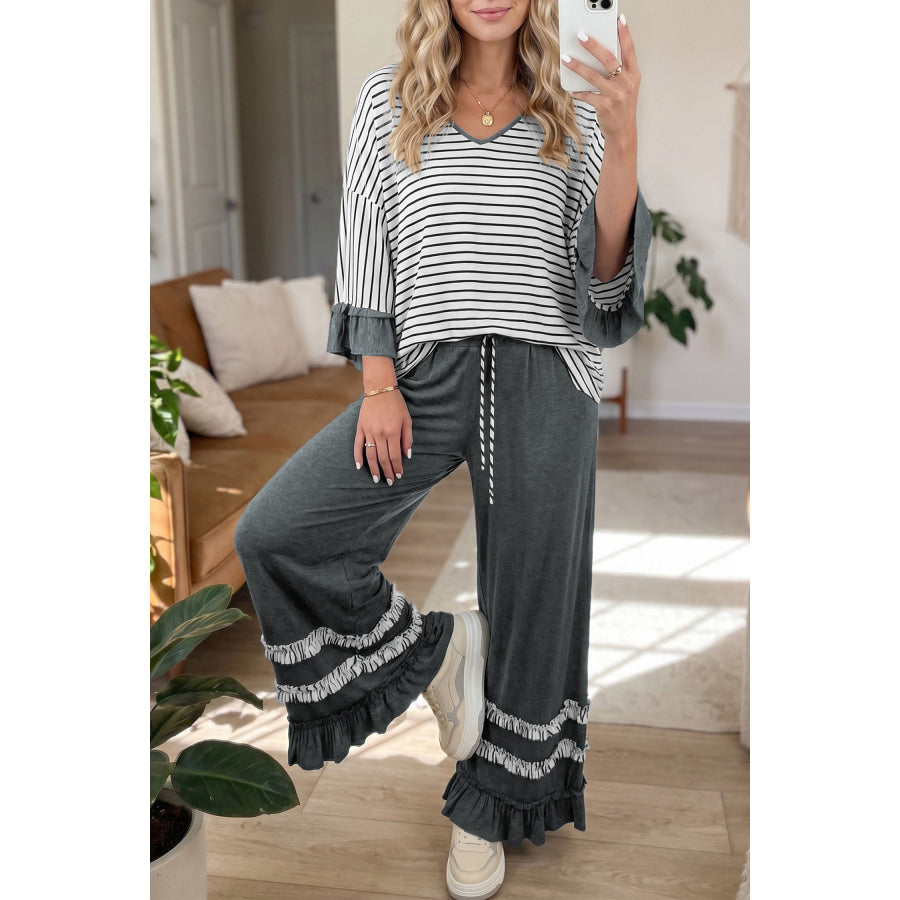 Gray Stripe V Neck Ruffle Contrast Sleeve Top Drawstring Pants 2pcs Set Gray Stripe / S Two Piece Sets/Pant Sets