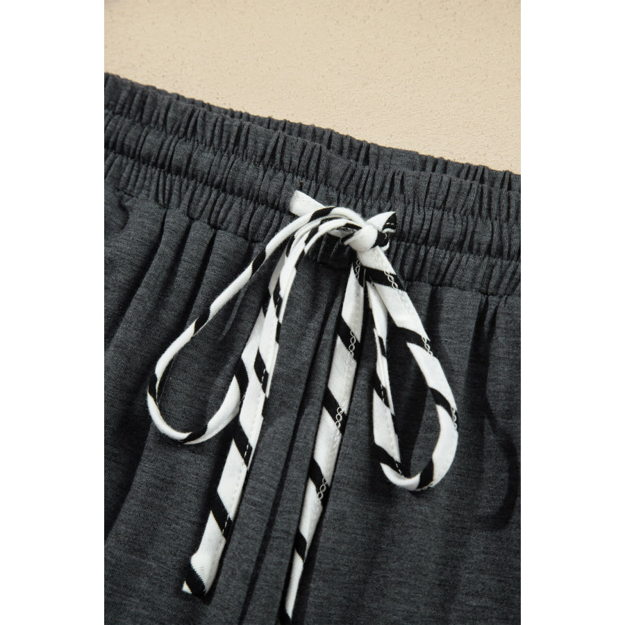 Gray Stripe V Neck Ruffle Contrast Sleeve Top Drawstring Pants 2pcs Set Two Piece Sets/Pant Sets
