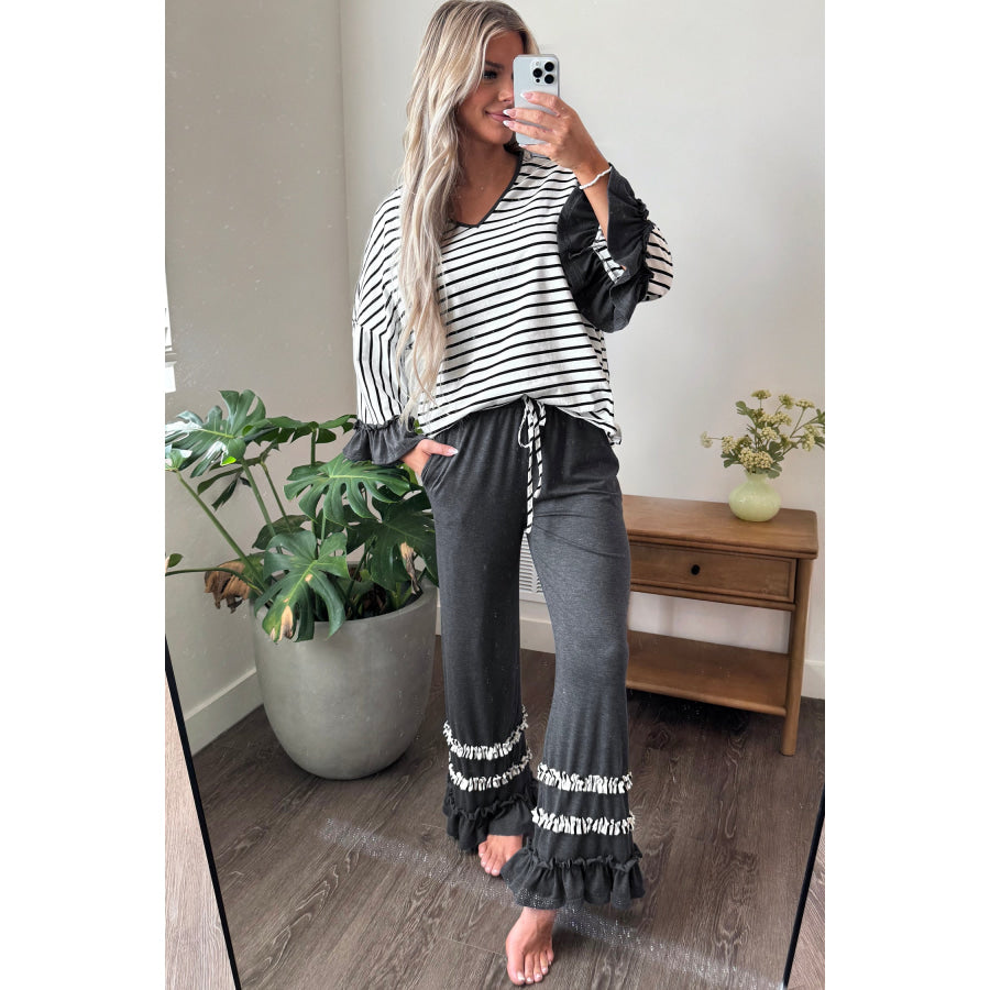 Gray Stripe V Neck Ruffle Contrast Sleeve Top Drawstring Pants 2pcs Set Two Piece Sets/Pant Sets
