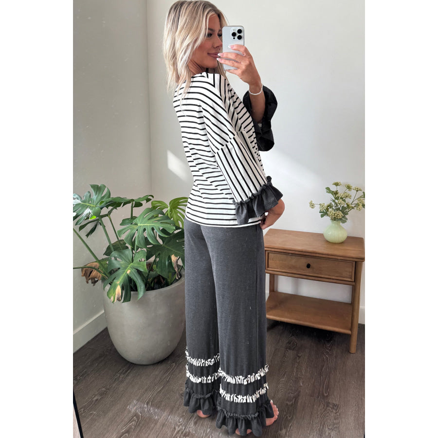 Gray Stripe V Neck Ruffle Contrast Sleeve Top Drawstring Pants 2pcs Set Two Piece Sets/Pant Sets