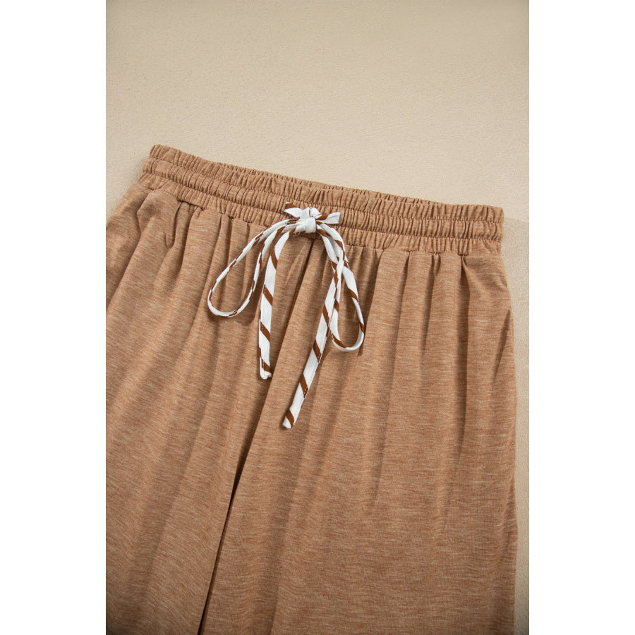 Gray Stripe V Neck Ruffle Contrast Sleeve Top Drawstring Pants 2pcs Set Two Piece Sets/Pant Sets