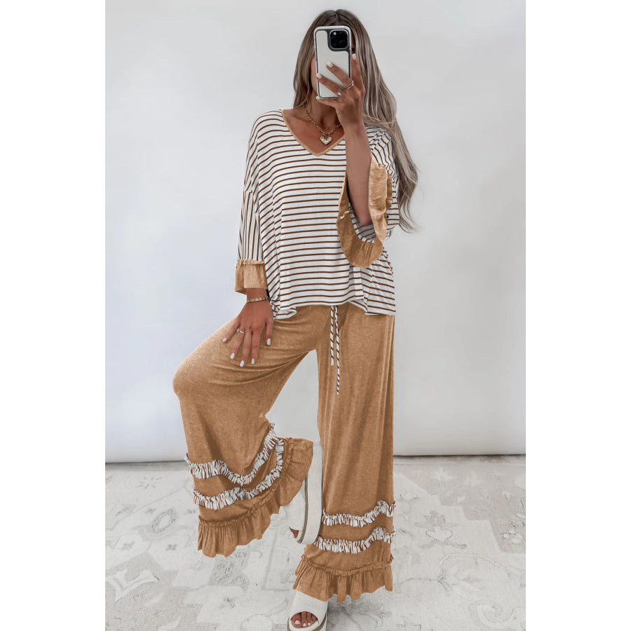 Gray Stripe V Neck Ruffle Contrast Sleeve Top Drawstring Pants 2pcs Set Two Piece Sets/Pant Sets