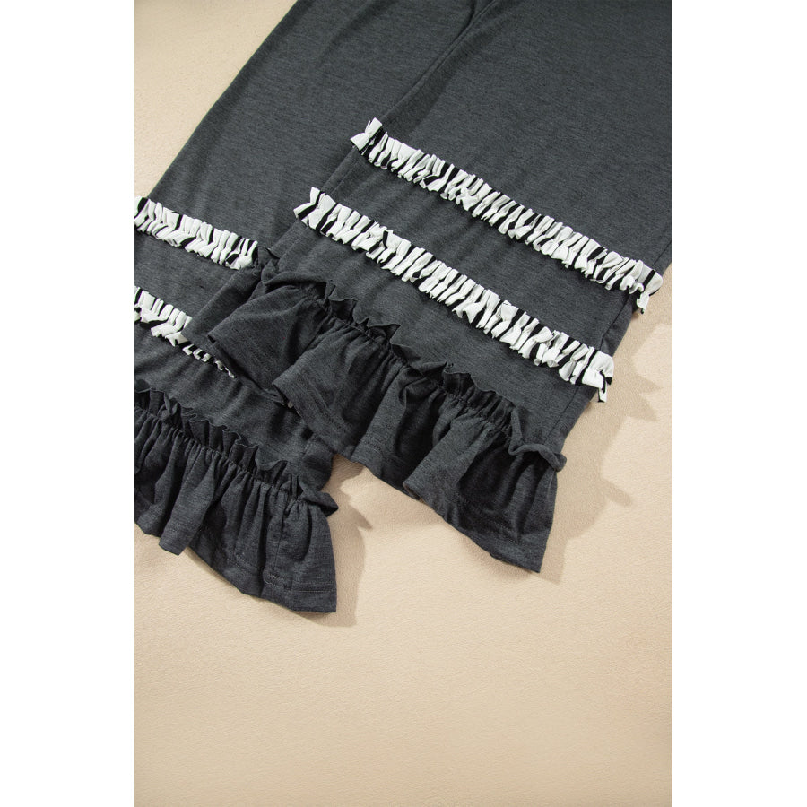 Gray Stripe V Neck Ruffle Contrast Sleeve Top Drawstring Pants 2pcs Set Two Piece Sets/Pant Sets
