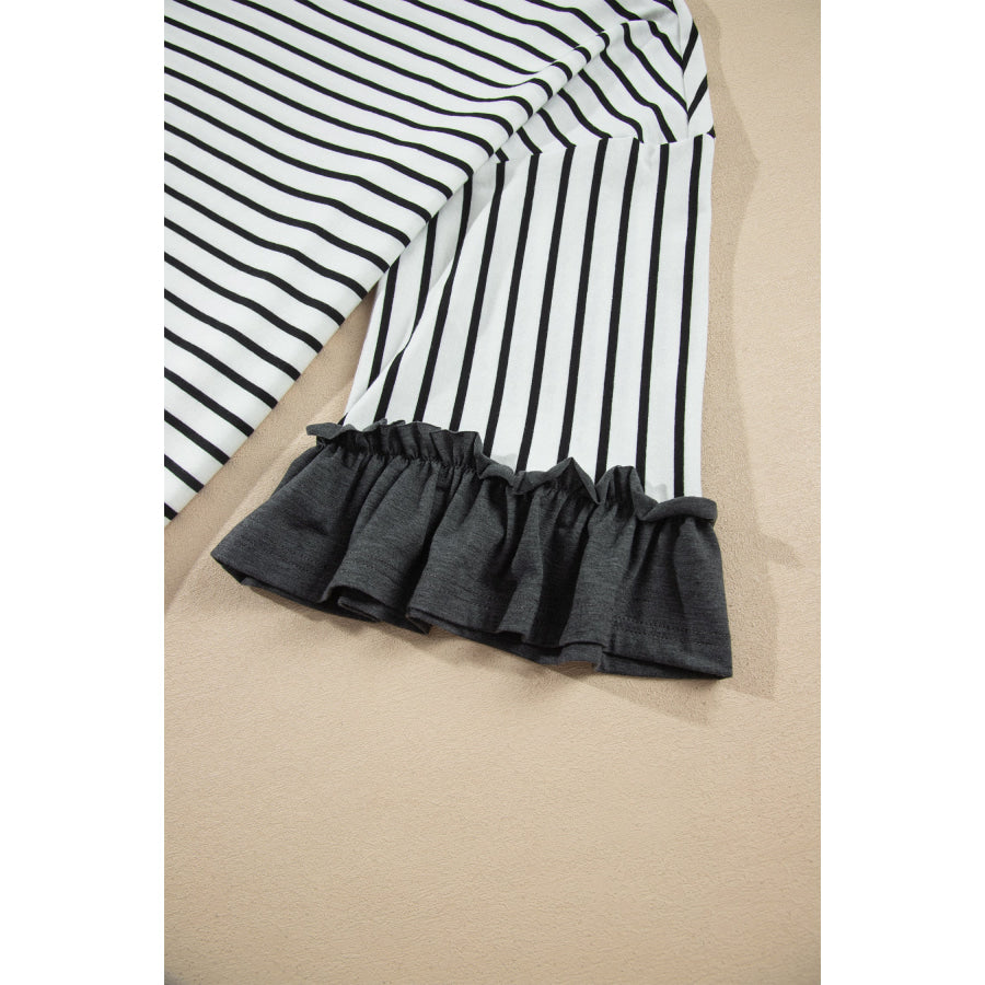 Gray Stripe V Neck Ruffle Contrast Sleeve Top Drawstring Pants 2pcs Set Two Piece Sets/Pant Sets