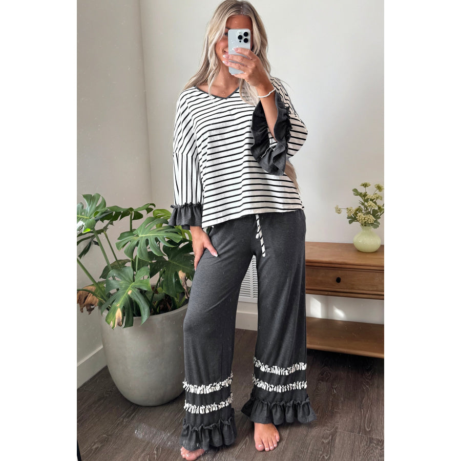 Gray Stripe V Neck Ruffle Contrast Sleeve Top Drawstring Pants 2pcs Set Two Piece Sets/Pant Sets