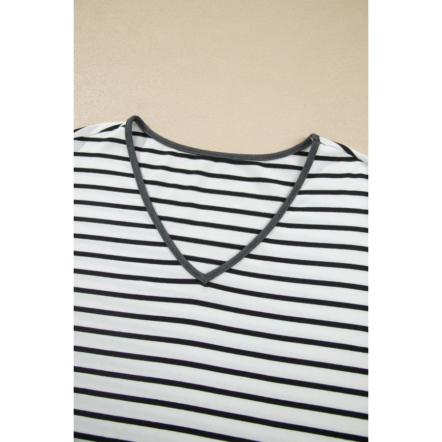 Gray Stripe V Neck Ruffle Contrast Sleeve Top Drawstring Pants 2pcs Set Two Piece Sets/Pant Sets