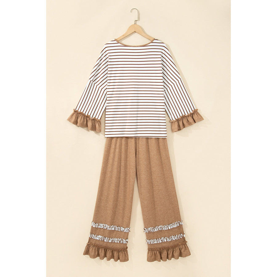 Gray Stripe V Neck Ruffle Contrast Sleeve Top Drawstring Pants 2pcs Set Two Piece Sets/Pant Sets