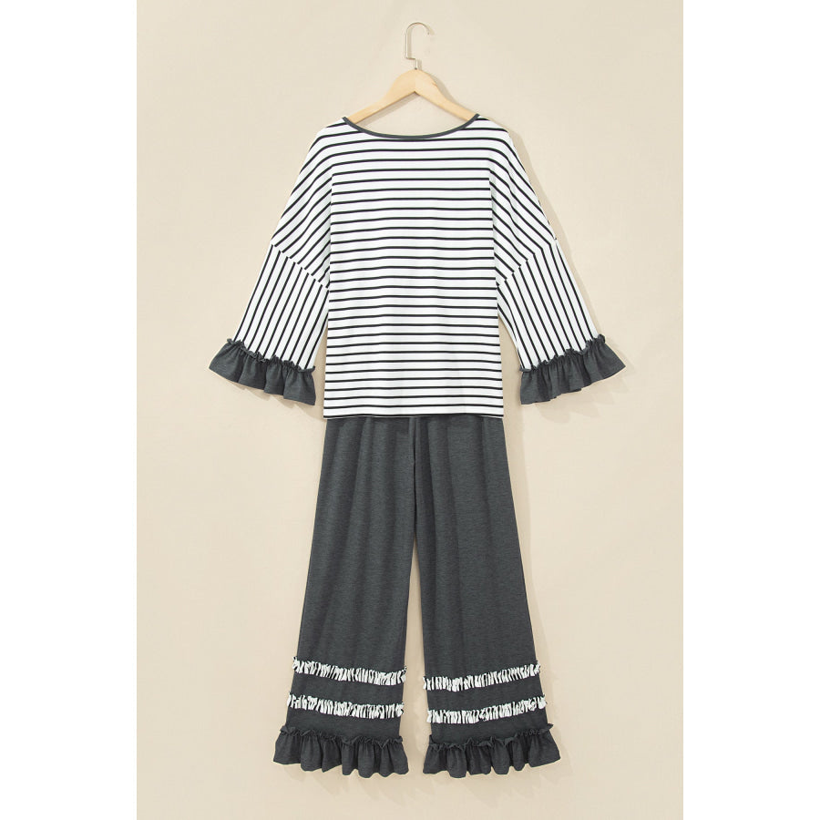Gray Stripe V Neck Ruffle Contrast Sleeve Top Drawstring Pants 2pcs Set Two Piece Sets/Pant Sets