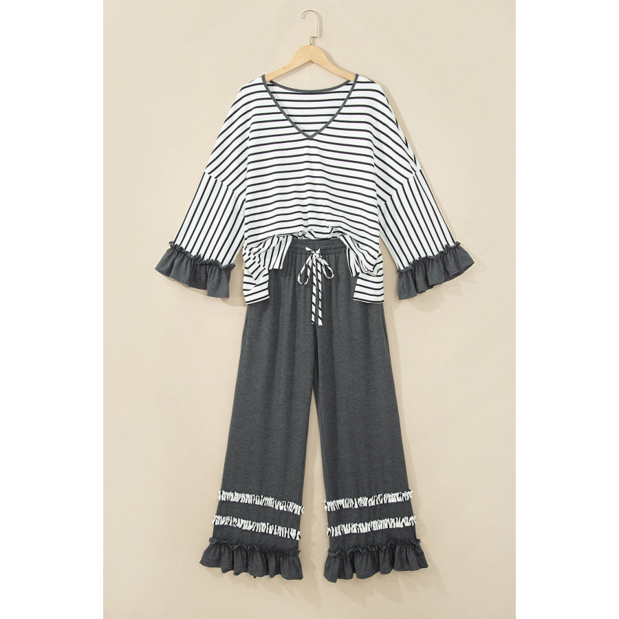 Gray Stripe V Neck Ruffle Contrast Sleeve Top Drawstring Pants 2pcs Set Two Piece Sets/Pant Sets