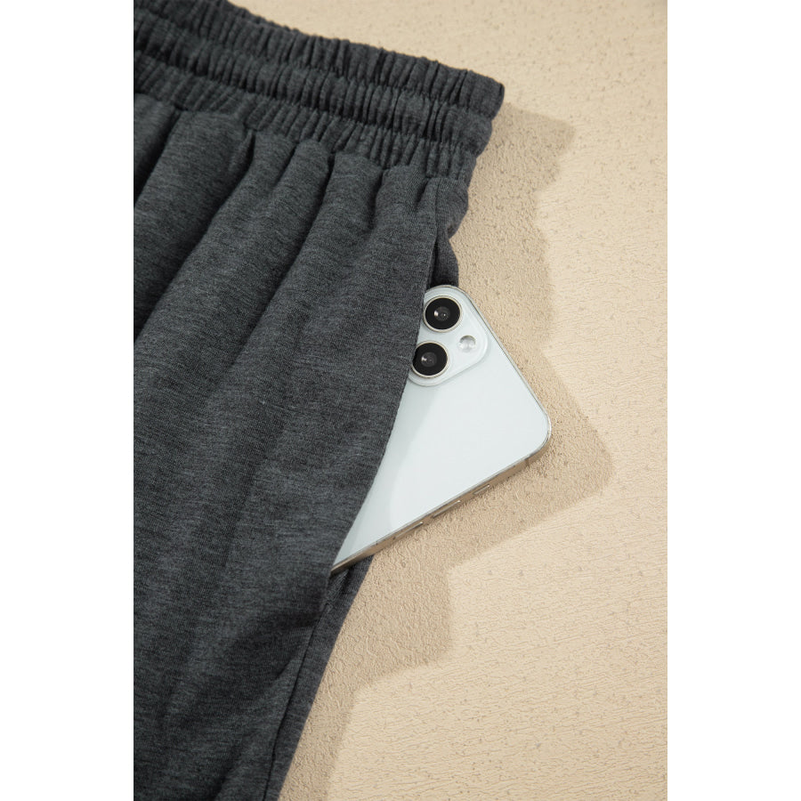 Gray Stripe V Neck Ruffle Contrast Sleeve Top Drawstring Pants 2pcs Set Two Piece Sets/Pant Sets