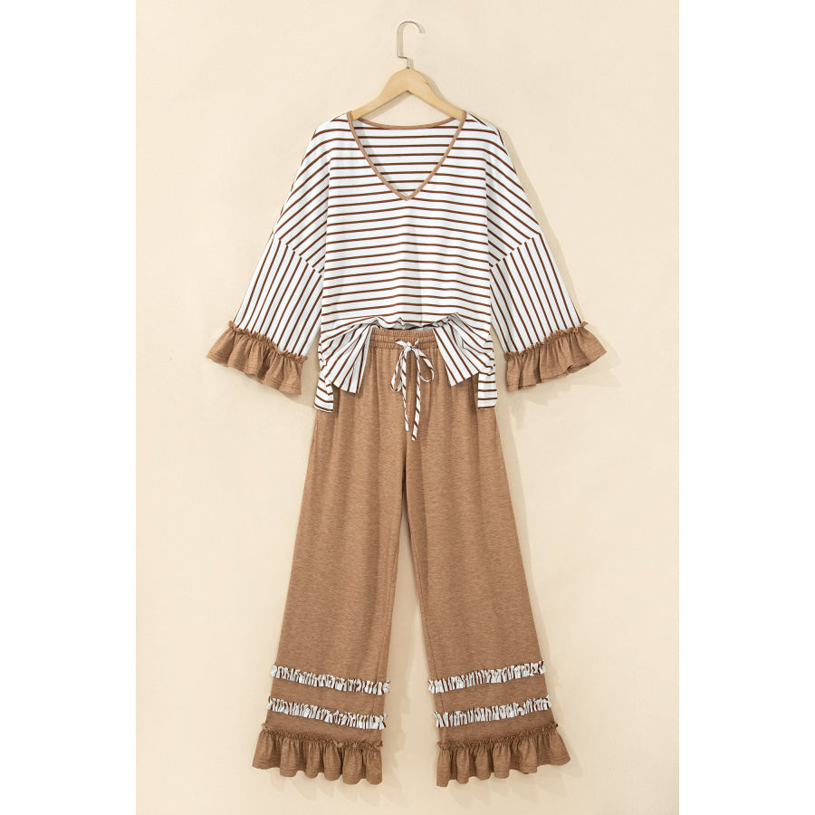 Gray Stripe V Neck Ruffle Contrast Sleeve Top Drawstring Pants 2pcs Set Two Piece Sets/Pant Sets