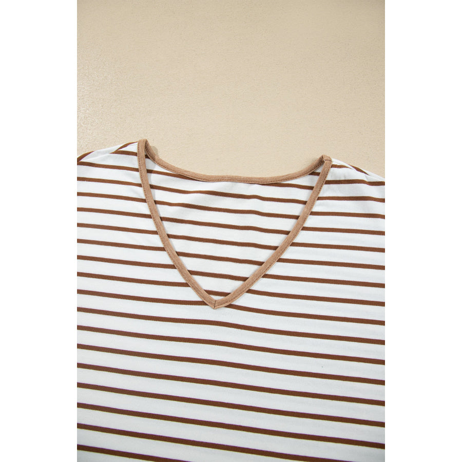 Gray Stripe V Neck Ruffle Contrast Sleeve Top Drawstring Pants 2pcs Set Two Piece Sets/Pant Sets