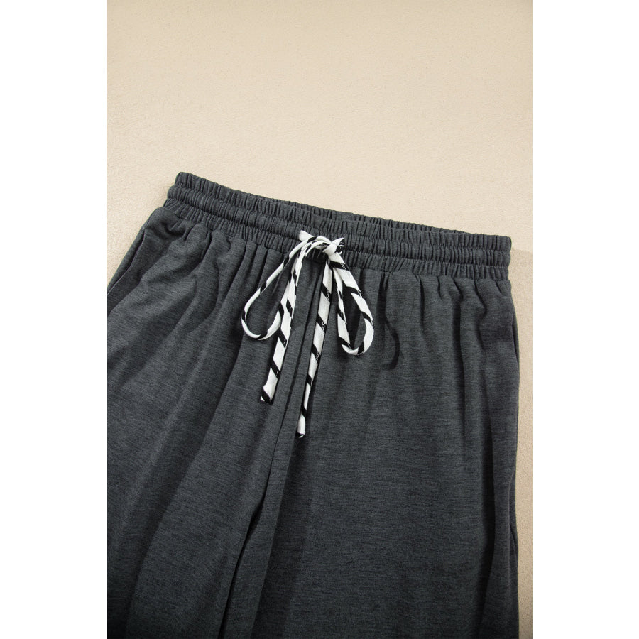 Gray Stripe V Neck Ruffle Contrast Sleeve Top Drawstring Pants 2pcs Set Two Piece Sets/Pant Sets