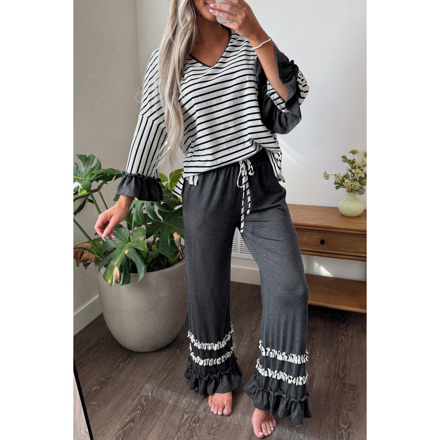 Gray Stripe V Neck Ruffle Contrast Sleeve Top Drawstring Pants 2pcs Set Two Piece Sets/Pant Sets