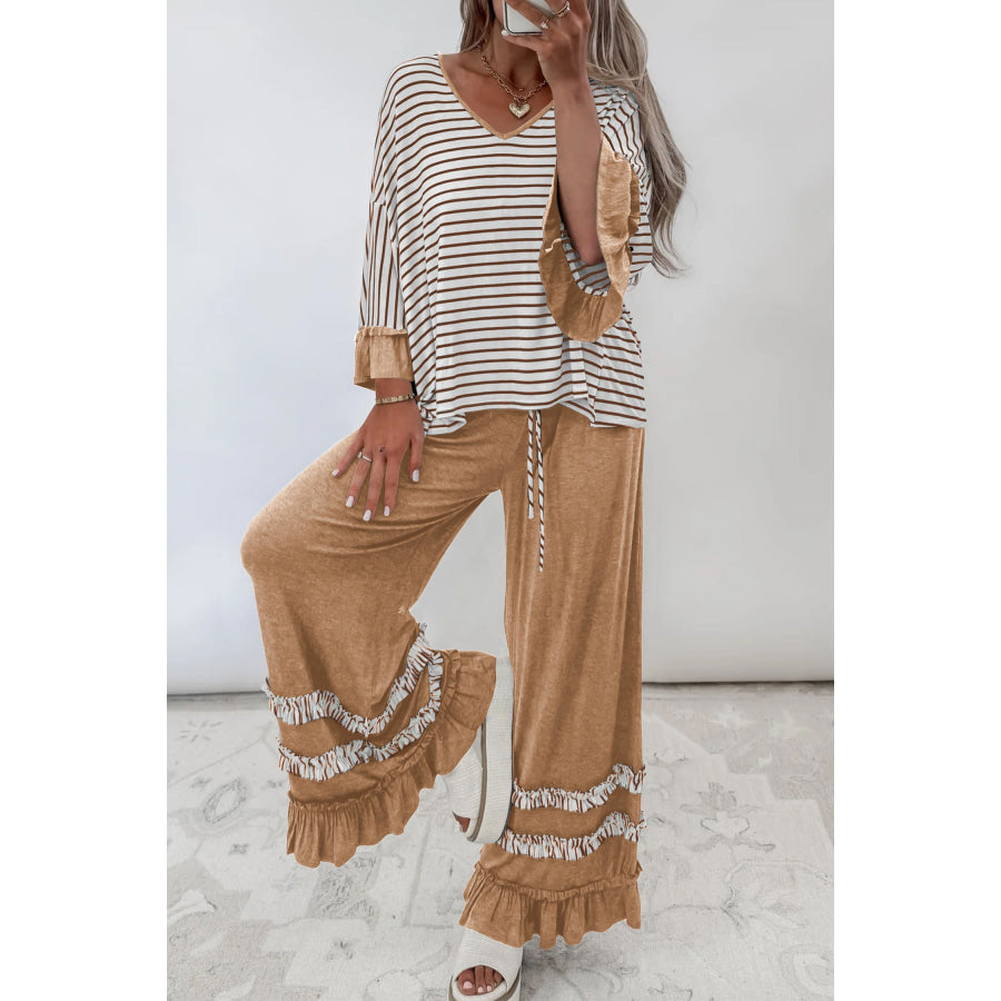 Gray Stripe V Neck Ruffle Contrast Sleeve Top Drawstring Pants 2pcs Set Two Piece Sets/Pant Sets