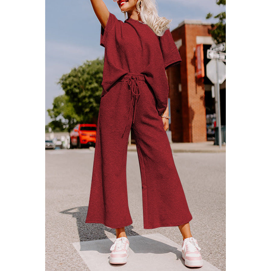 Gray Textured Loose Fit T Shirt and Drawstring Pants Set Red Dahlia / S / 95% Polyester + 5% Elastane Two Piece Sets/Pant Sets
