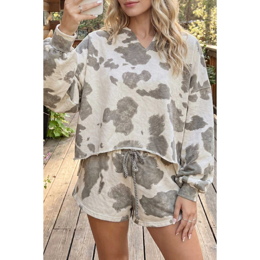 Gray Western Print Raw Hem Long Sleeve Top Drawstring Shorts Set Gray / S Two Piece Sets/Short Sets