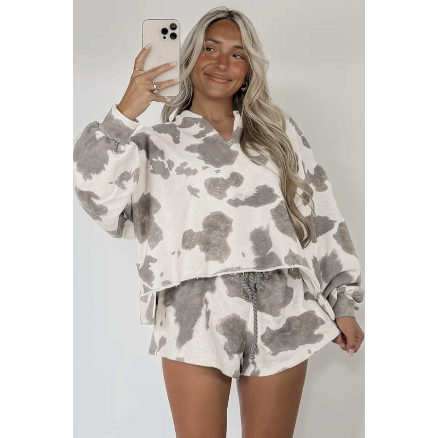 Gray Western Print Raw Hem Long Sleeve Top Drawstring Shorts Set Two Piece Sets/Short Sets