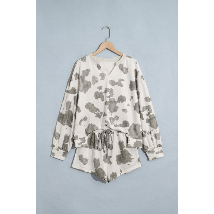 Gray Western Print Raw Hem Long Sleeve Top Drawstring Shorts Set Two Piece Sets/Short Sets