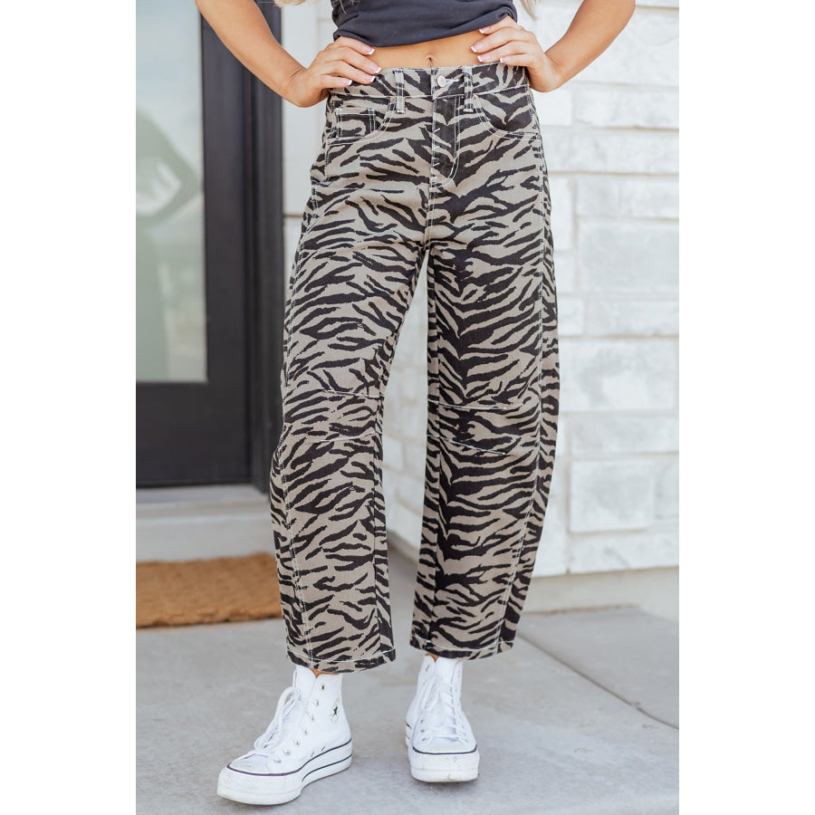 Gray Zebra Stripe Printed Wide Leg Barrel Jeans / 4 / 56.7% Polyester + 40.9% Cotton + 2.4% Elastane Bottoms/Jeans