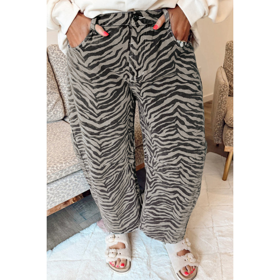 Gray Zebra Stripe Printed Wide Leg Barrel Jeans Bottoms/Jeans