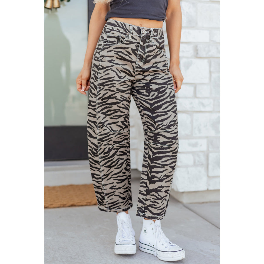 Gray Zebra Stripe Printed Wide Leg Barrel Jeans Bottoms/Jeans