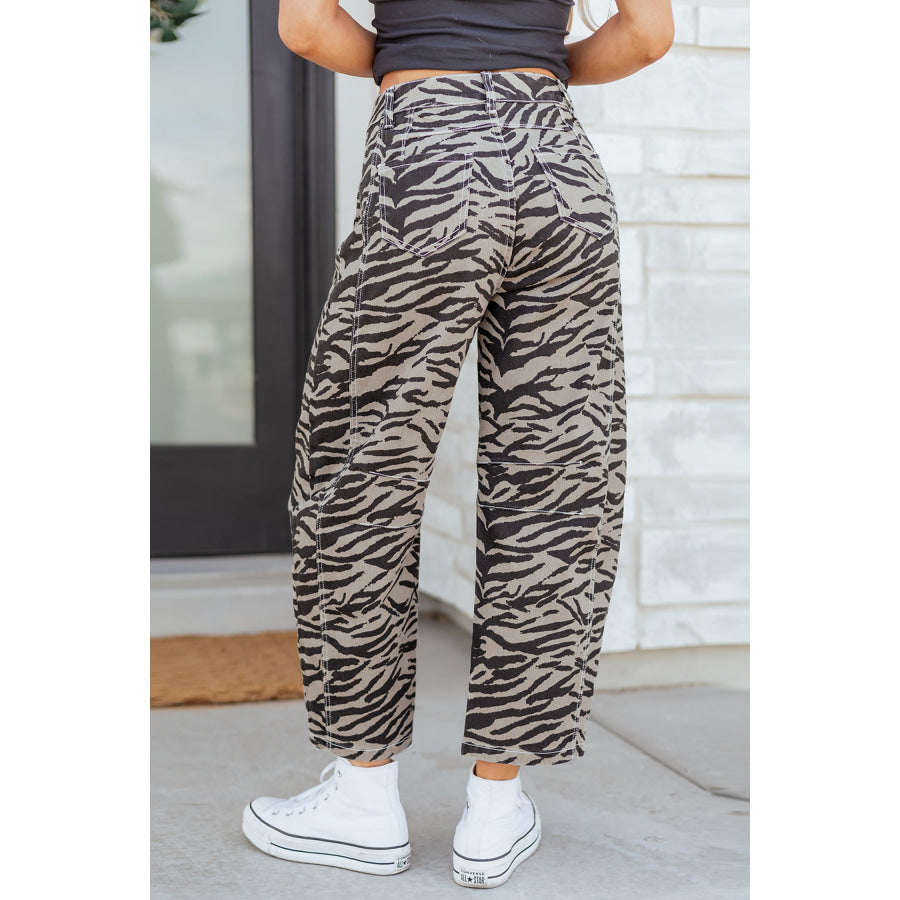 Gray Zebra Stripe Printed Wide Leg Barrel Jeans Bottoms/Jeans