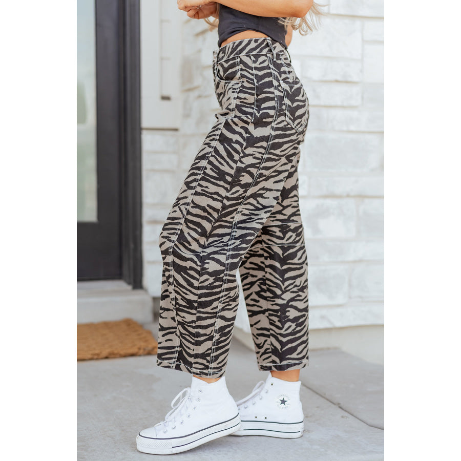 Gray Zebra Stripe Printed Wide Leg Barrel Jeans Bottoms/Jeans