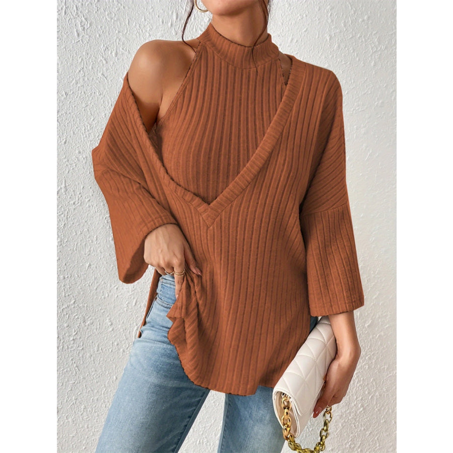 Grecian Neck Knit Vest and Drop Shoulder Top Caramel / S Apparel and Accessories