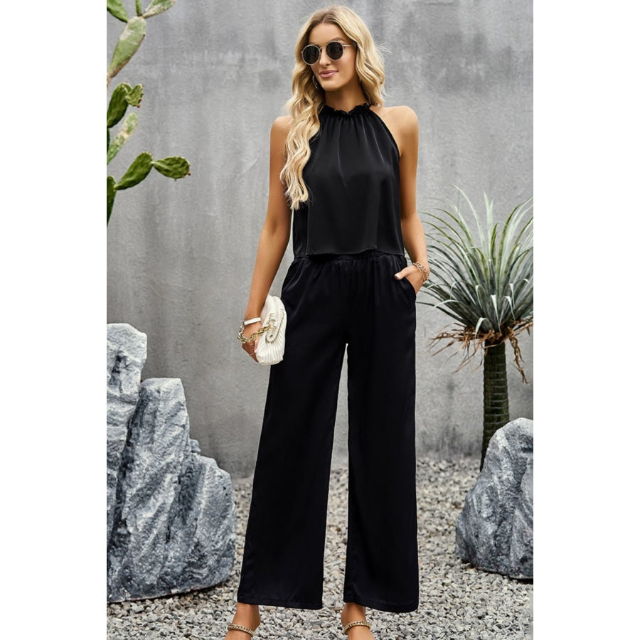 Grecian Neck Sleeveless Pocketed Top and Pants Set Black / S