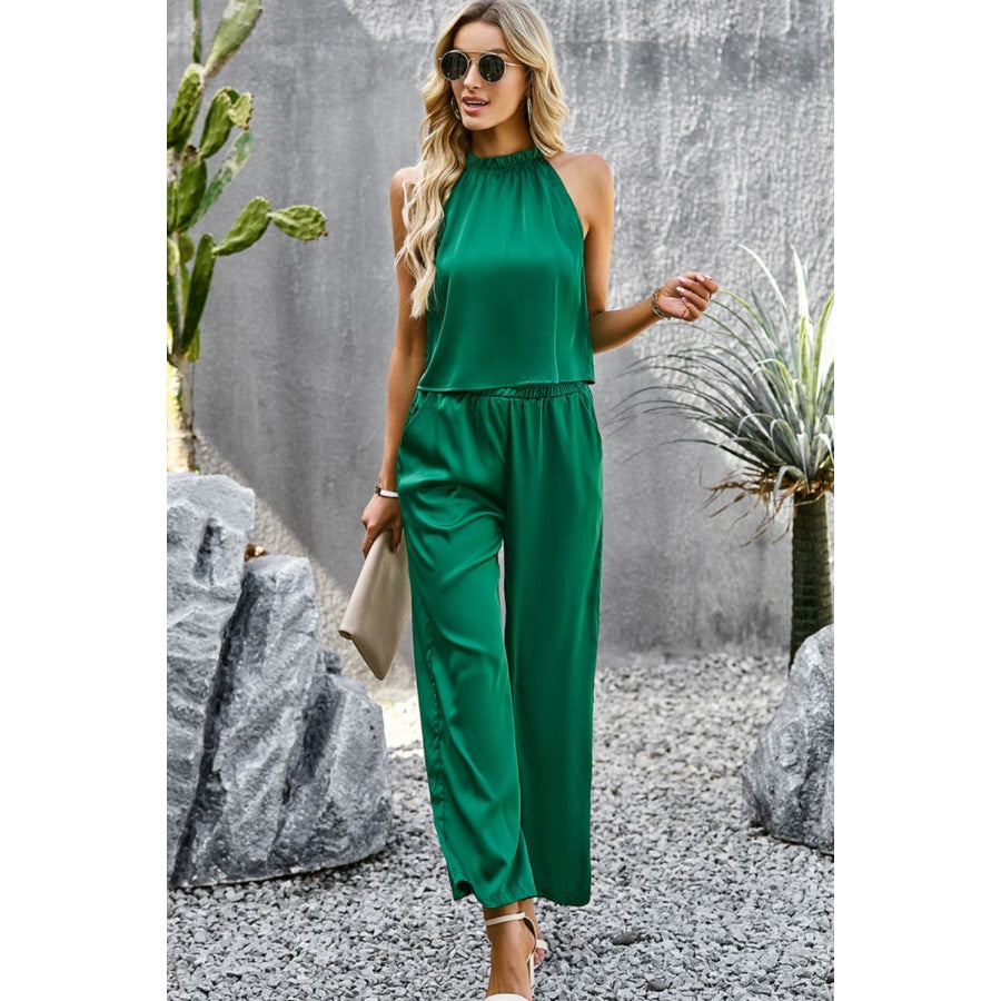 Grecian Neck Sleeveless Pocketed Top and Pants Set Green / S