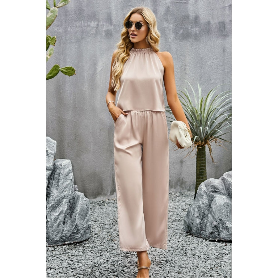 Grecian Neck Sleeveless Pocketed Top and Pants Set Light Apricot / S