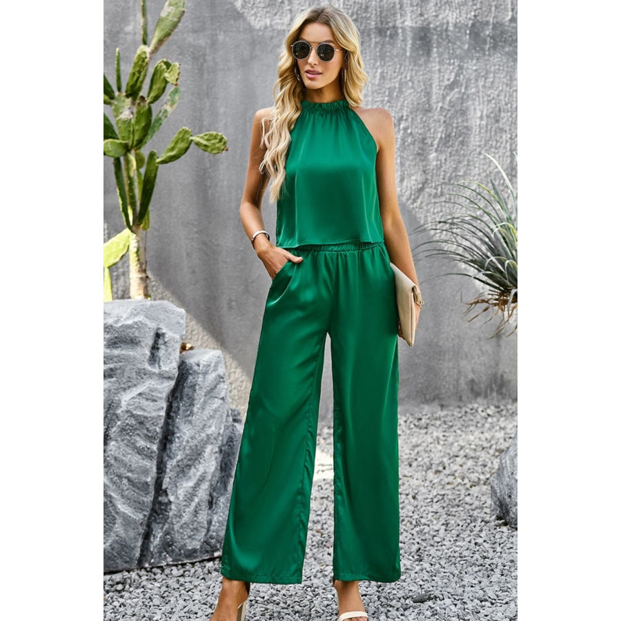 Grecian Neck Sleeveless Pocketed Top and Pants Set